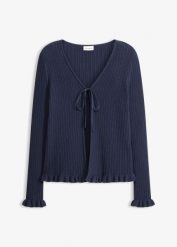 Sweter rozpinany z dzianiny o splocie drobnych oczek. Niebieskie swetry bonprix, bez wzorów, z dzianiny, bez ramiączek. Za 97.99 zł.