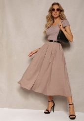 Ciemnobeżowa Sukienka o Rozkloszowanym Kroju z Krótkim Rękawem i Paskiem z Ekoskóry Frinna. Brązowe sukienki Renee, na co dzień, bez wzorów, eleganckie, bez kołnierzyka, bez ramiączek, midi, rozkloszowane. W wyprzedaży za 174.99 zł.