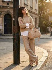 Sweter z koszulową wstawką - beżowy. Brązowe swetry Sinsay, l, bez wzorów, bez ramiączek. Za 69.99 zł.