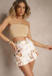 Beżowe Spódnico-Szorty High Waist w Kwiaty Delliena. Brązowe szorty Renee, bez wzorów, eleganckie. W wyprzedaży za 55.99 zł.