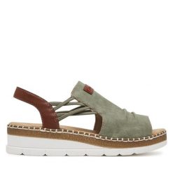 Sandały Rieker. Zielone sandały Rieker, bez wzorów, bez obcasa, na koturnie, bez zapięcia. Za 319.99 zł.