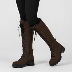 Kozaki damskie Simen, z regulowaną szerokością na klocku i zapinane na zamek, brązowe, 4271A-W. Brązowe kozaki Simen, bez wzorów, z weluru, bez obcasa, bez zapięcia. Za 526.99 zł.