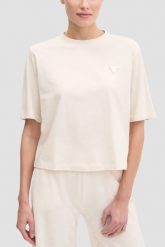 GUESS Kremowy bawełniany t-shirt damski Colette Boxy, Rozmiar S. Brązowe t-shirty sportowe Guess, s, z aplikacjami, z bawełny, bez ramiączek. W wyprzedaży za 89.99 zł.