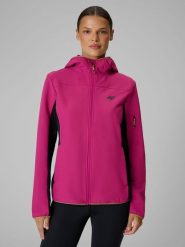 4F Kurtka softshell wiatroodporna damska - różowa L. Czerwone kurtki przejściowe sportowe 4f, l, bez wzorów, z materiału, bez kaptura, trekkingowe. Za 399.99 zł.