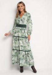 Zielona Kopertowa Rozkloszowana Sukienka Ozdobiona Paskiem i Falbanami Fezisia. Zielone sukienki Born2be, l, bez wzorów, eleganckie, bez kołnierzyka, bez ramiączek, maxi, kopertowe. W wyprzedaży za 110.49 zł.