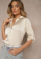 Beżowa Klasyczna Koszula z Kołnierzykiem Kassinea. Brązowe koszule Renee, l, bez wzorów, z jeansu, eleganckie, bez kołnierzyka, bez ramiączek. W wyprzedaży za 41.99 zł.