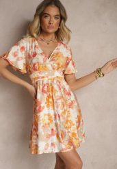 Pomarańczowa Rozkloszowana Sukienka z Wiskozą w Kwiaty z Kopertowym Dekoltem Zeledia. Brązowe sukienki Renee, na co dzień, l, bez wzorów, z wiskozy, eleganckie, bez kołnierzyka, bez ramiączek, mini, kopertowe. W wyprzedaży za 43.99 zł.