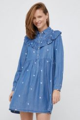 Pepe Jeans sukienka mini rozkloszowana. Niebieskie sukienki Pepe Jeans, l, bez wzorów, z jeansu, bez kołnierzyka, bez ramiączek, mini, rozkloszowane. W wyprzedaży za 309.99 zł.