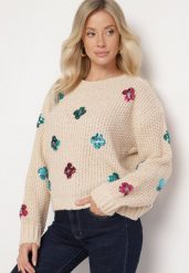 Beżowy Sweter z Tłoczonej Dzianiny z Wiskozą Zdobiony Cekinowymi Kwiatami Edamara. Brązowe swetry Born2be, l, z aplikacjami, z dzianiny, klasyczne, bez ramiączek. W wyprzedaży za 84.99 zł.