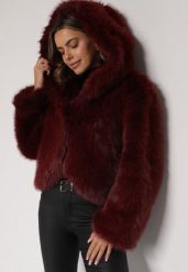 Bordowa Futrzana Kurtka z Nieodpinanym Kapturem Zetena. Czerwone kurtki Born2be, l, bez wzorów, z futra, eleganckie. Za 239.99 zł.