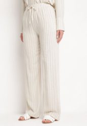 Jasnobeżowe Szerokie Spodnie z Wiskozą i Lnem z Gumką w Pasie Quirilla. Brązowe jeansy Born2be, na lato, l, bez wzorów, z jeansu, eleganckie. Za 139.99 zł.