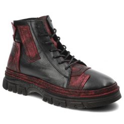 Czarne Botki Ravini Stylowe Obuwie Damskie Z Czerwonymi Wstawkami. Czerwone botki Ravini, bez wzorów, z materiału, eleganckie, przed kolano, bez obcasa, bez zapięcia. Za 289.00 zł.