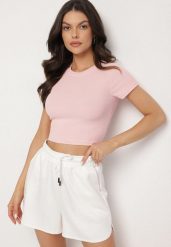 Jasnoróżowy T-shirt z Prążkowanego Materiału o Krótkim Kroju Telunna. Czerwone t-shirty Born2be, l, bez wzorów, z jeansu, eleganckie, bez kołnierzyka, bez ramiączek. W wyprzedaży za 29.74 zł.