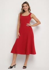 Bordowa Klasyczna Sukienka o Rozkloszowanym Kroju Delure. Czerwone sukienki Born2be, l, z aplikacjami, eleganckie, bez kołnierzyka, bez ramiączek, midi, rozkloszowane. W wyprzedaży za 84.99 zł.