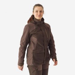 Kurtka damska wodoodporna Solognac 500. Brązowe kurtki SOLOGNAC, xs, bez wzorów, ze skóry, sportowe, bez kaptura. Za 399.99 zł.