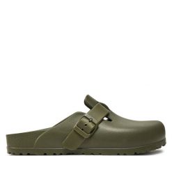 Klapki Birkenstock. Zielone klapki Birkenstock, bez wzorów, bez obcasa, bez zapięcia. Za 299.99 zł.