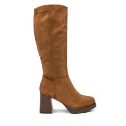 Kozaki Tamaris. Brązowe kozaki Tamaris, bez wzorów, bez obcasa, na słupku, bez zapięcia. Za 659.99 zł.