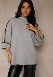 Szary Sweter Ozdobiony Lamówką na Rękawach Tusenna. Szare swetry Renee, bez wzorów, z jeansu, casualowe, bez ramiączek. Za 69.99 zł.