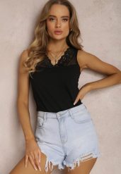Czarny Top Telephedeia. Czarne topy Renee, l, bez wzorów, z bawełny, eleganckie, bez kołnierzyka, bez ramiączek. W wyprzedaży za 23.99 zł.