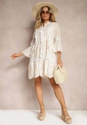 Beżowa Rozkloszowana Sukienka Boho z Wiązaniem na Dekolcie i Luźnymi Rękawami Elladine. Brązowe sukienki Renee, na spacer, l, bez wzorów, boho, bez kołnierzyka, bez ramiączek, mini, rozkloszowane. W wyprzedaży za 139.99 zł.