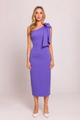 Elegancka sukienka ołówkowa na jedno ramię z kokardą fiolet. Sukienki MOE, na imprezę, l, bez wzorów, z elastanu, eleganckie, z asymetrycznym kołnierzem, bez ramiączek, midi, asymetryczne. Za 389.00 zł.