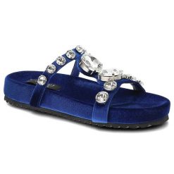 Klapki damskie Scaviola, zamszowa cholewka szerokie paski zdobione biżuteryjnymi kryształami komfortowa płaska podeszwa, blue, S-36. Niebieskie klapki Sca'viola, z aplikacjami, z zamszu, glamour, bez obcasa, na płaskiej podeszwie, bez zapięcia. Za 329.00 zł.