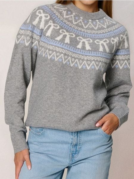 Świąteczny sweter z kokardkami z domieszką wełny - szary. Szare swetry Sinsay, l, bez wzorów, z wełny, wizytowe, bez ramiączek. Za 59.99 zł.