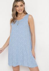 Niebieska Rozkloszowana Sukienka z Bawełny z Ozdobnymi Guzikami przy Dekolcie Biarlia. Niebieskie sukienki Born2be, na co dzień, l, bez wzorów, z bawełny, eleganckie, bez kołnierzyka, bez ramiączek, mini, kopertowe. W wyprzedaży za 17.49 zł.