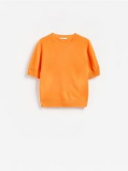 Wełniany sweter z krótkim rękawem - pomarańczowy. Brązowe swetry Reserved, l, bez wzorów, z wełny, bez ramiączek. Za 119.99 zł.