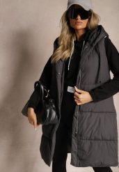 Ciemnoszara Kamizelka Pikowana Wykończona Kapturem i Sznurkami Quinaria. Szare kamizelki Renee, l, bez wzorów, z jeansu, eleganckie, bez ramiączek. W wyprzedaży za 75.99 zł.