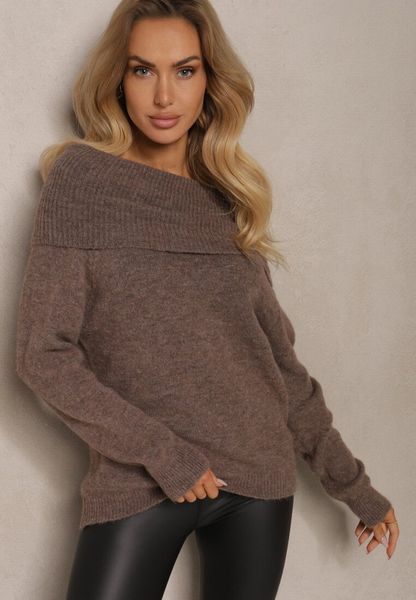 Brązowy Golf z Wełną Wiskozą i Wywiniętym Dekoltem Hedita. Brązowe swetry Renee, bez wzorów, z jeansu, klasyczne, bez ramiączek. Za 129.99 zł.