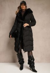 Czarna Kurtka z Pikowanymi Przeszyciami Futerkiem i Paskiem Serapella. Czarne kurtki Renee, l, bez wzorów, z dzianiny. Za 319.99 zł.