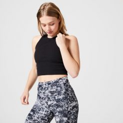 Koszulka bez rękawów damska Domyos Gym & Pilates crop top. Czarne topy NYAMBA, xl, bez wzorów, z bawełny, sportowe, bez kołnierzyka, bez ramiączek. Za 39.99 zł.