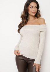 Jasnobeżowy Sweter z Wiskozą i Wywiniętym Dekoltem Corivie. Brązowe swetry Born2be, m, bez wzorów, z jeansu, eleganckie, bez ramiączek. W wyprzedaży za 93.49 zł.