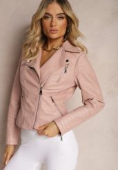 Różowa Ramoneska Kurtka z Ekoskóry Zapinana na Skos Starid. Czerwone kurtki Renee, l, bez wzorów, z jeansu, eleganckie, bez kaptura. W wyprzedaży za 142.49 zł.