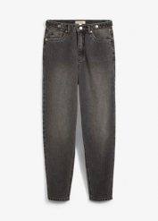 Jeansy mom, high waist, cropped. Niebieskie jeansy bonprix, bez wzorów, z bawełny, z podwyższonym stanem, krótkie. Za 142.99 zł.