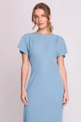 Elegancka sukienka ołówkowa z dekoltem V z tyłu niebieska. Niebieskie sukienki Stylove, do pracy, m, bez wzorów, z elastanu, biznesowe, bez kołnierzyka, bez ramiączek, midi, dopasowane. Za 329.00 zł.