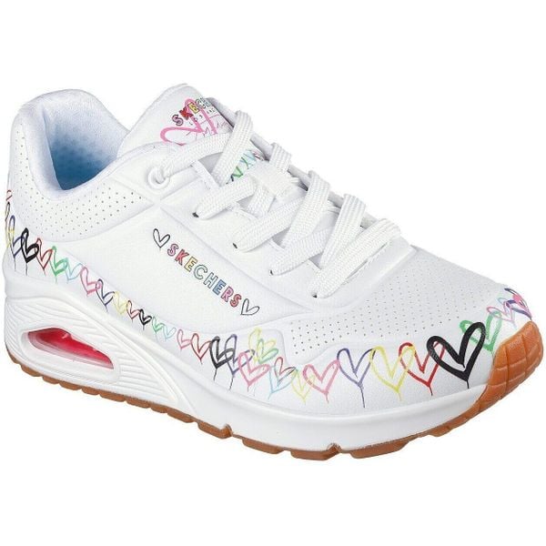 Buty sportowe damskie Skechers Uno Love All Aroun. Białe buty sportowe lifestyle Skechers, bez wzorów, ze skóry ekologicznej, sportowe, bez zapięcia. W wyprzedaży za 490.00 zł.