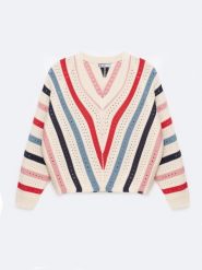 Sweter damski ażurowy w kolorowe paski kremowy Vika 102. Białe swetry BIG STAR, l, w ażurowe wzory, z bawełny, retro, bez ramiączek. Za 199.99 zł.