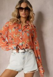 Pomarańczowa Koszula Lekko Transparentna w Kwiecisty Print Gremelia. Brązowe koszule Renee, l, bez wzorów, z jeansu, eleganckie, bez kołnierzyka, bez ramiączek. W wyprzedaży za 55.99 zł.