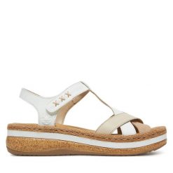 Sandały Rieker. Białe sandały Rieker, bez wzorów, bez obcasa, na koturnie, bez zapięcia. Za 239.99 zł.