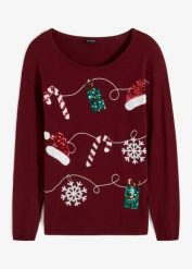 Cienki sweter. Czerwone swetry bonprix, z aplikacjami, bez ramiączek. Za 139.99 zł.