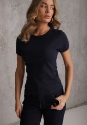 Granatowy Bawełniany T-shirt o Dopasowanym Kroju z Prążkowanego Materiału Lailya. Niebieskie t-shirty Renee, m, bez wzorów, z bawełny, casualowe, bez kołnierzyka, bez ramiączek. Za 39.99 zł.