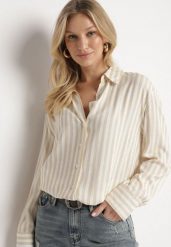 Jasnobeżowa Bawełniana Koszula w Pionowe Paski Zdobiona Cyrkoniami Isorina. Brązowe koszule Born2be, l, z aplikacjami, z bawełny, eleganckie, bez kołnierzyka, bez ramiączek. W wyprzedaży za 83.99 zł.
