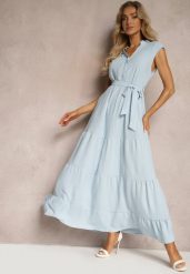 Jasnoniebieska Sukienka z Paskiem w Talii o Rozkloszowanym Fasonie bez Rękawów Ellasin. Niebieskie sukienki Renee, na co dzień, l, bez wzorów, eleganckie, bez kołnierzyka, bez ramiączek, maxi, proste. W wyprzedaży za 75.99 zł.