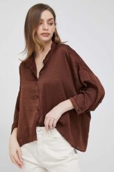 Sisley koszula damska kolor brązowy relaxed ze stójką. Brązowe koszule Sisley, l, bez wzorów, z satyny, bez kołnierzyka, bez ramiączek. Za 379.99 zł.