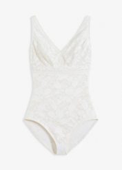 Body shape, średni stopień modelowania sylwetki. Białe body i gorsety bonprix, bez wzorów, z koronki, bez ramiączek. Za 147.99 zł.