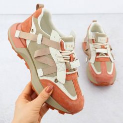 Skórzane sneakersy damskie beżowo pomarańczowe Goe RR2N4064. Brązowe buty sportowe lifestyle GOE, bez wzorów, z materiału, eleganckie, bez zapięcia. Za 216.00 zł.
