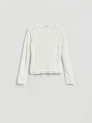 Prążkowana bluzka dwuwarstwowa - biały. Białe bluzki Reserved, l, bez wzorów, z dzianiny, bez kołnierzyka, bez ramiączek. Za 79.99 zł.