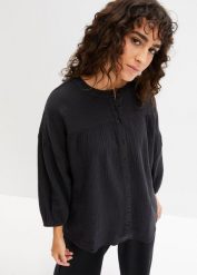 Bluzka oversize z muślinu. Czarne bluzki bonprix, bez wzorów, z bawełny, bez kołnierzyka, bez ramiączek. Za 99.99 zł.